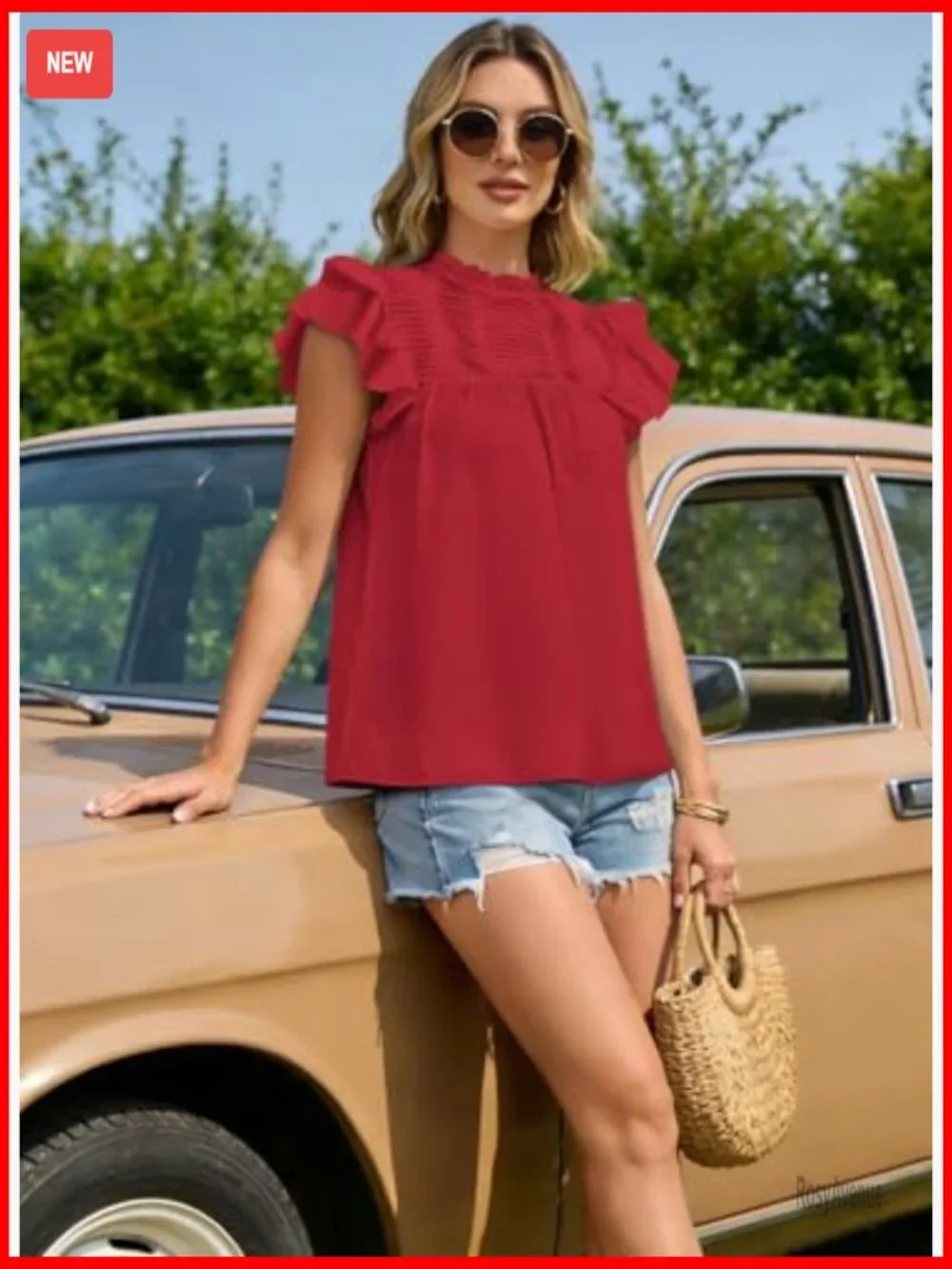 Women Summer Tops Plus Size Ruffle Sleeve Blouses Mock Neck Pleated Tunic Loose - Picture 6 of 7